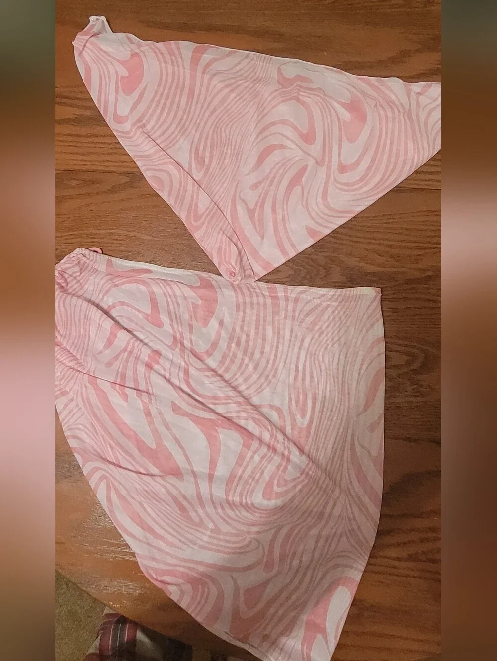 Pink & White Abstract Swirl 4-Piece Bikini Set with Matching Skirt & Head Scarf